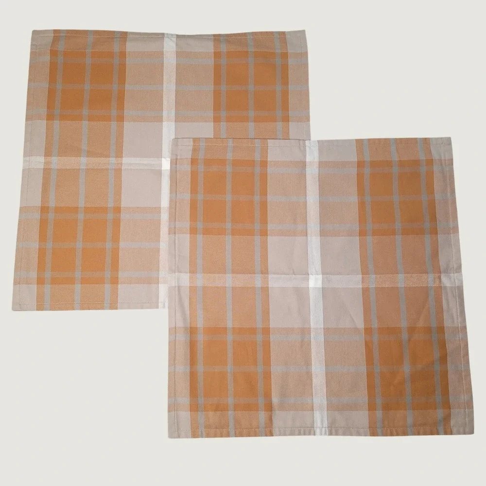 Pottery Barn Set of 2 Plaid Pillow Covers Orange Tan White 20x20 Square Fall
